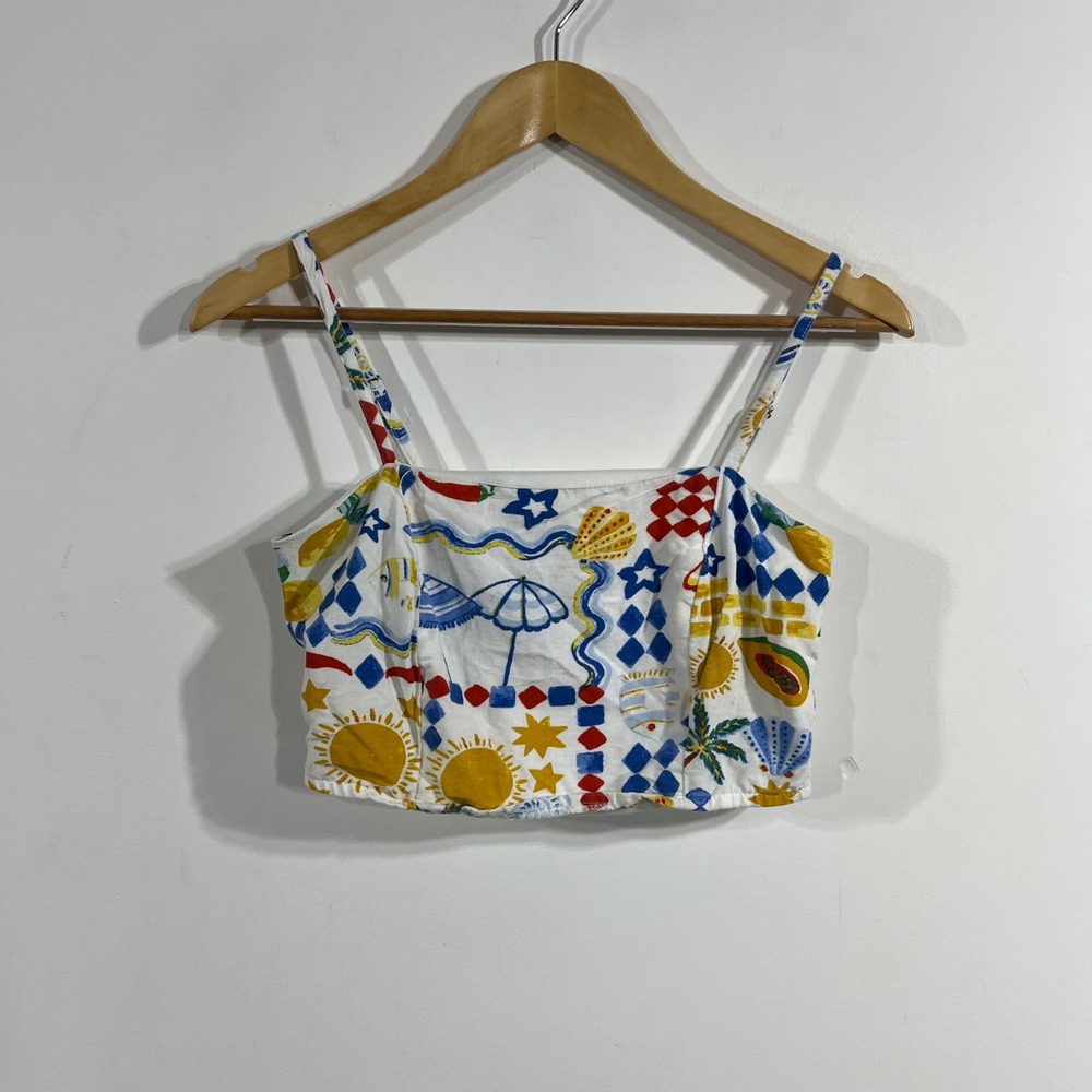 Midnight Sky Resort Euro Summer Linen Crop‎ Top Medium Mediterranean Print Boho